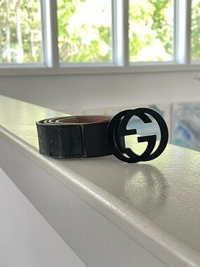 Gucci Black GG Canvas Leather Belt with Black Double G Buckle
